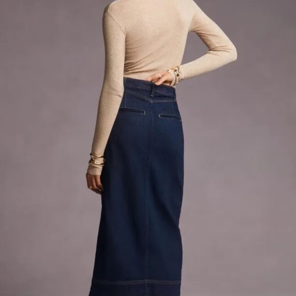 Anthropologie Pilcro Slit Front Denim Maxi Skirt Stretch Fray Hem Dark Blue - Picture 6 of 10